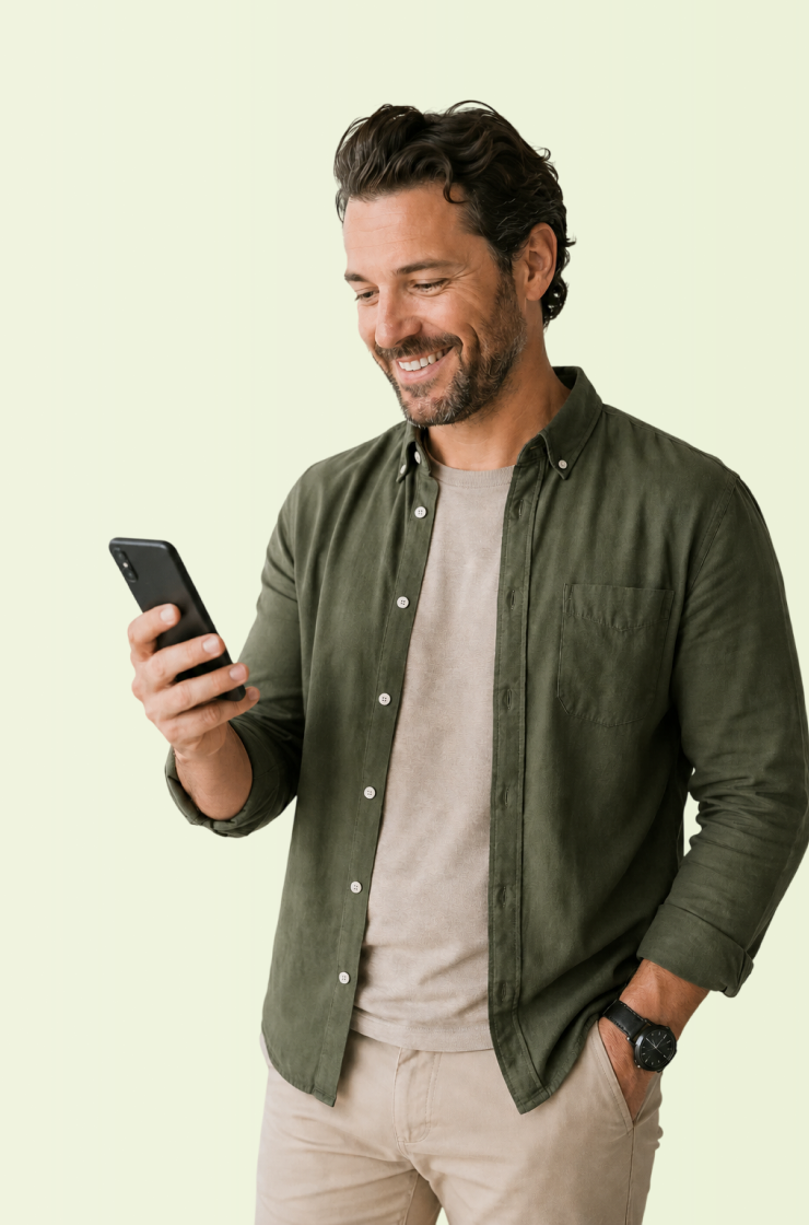 Un commerçant souriant, téléphone en main.